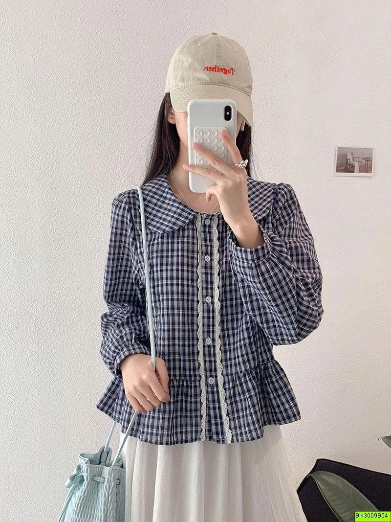 ÁO SƠ MI NỮ CARO CỔ SEN