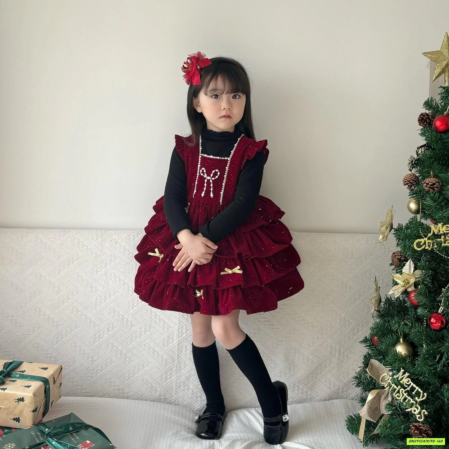 ĐẦM NHUNG ĐỎ XẾP TẦNG KÈM NƠ VOAN LÓT NHUNG