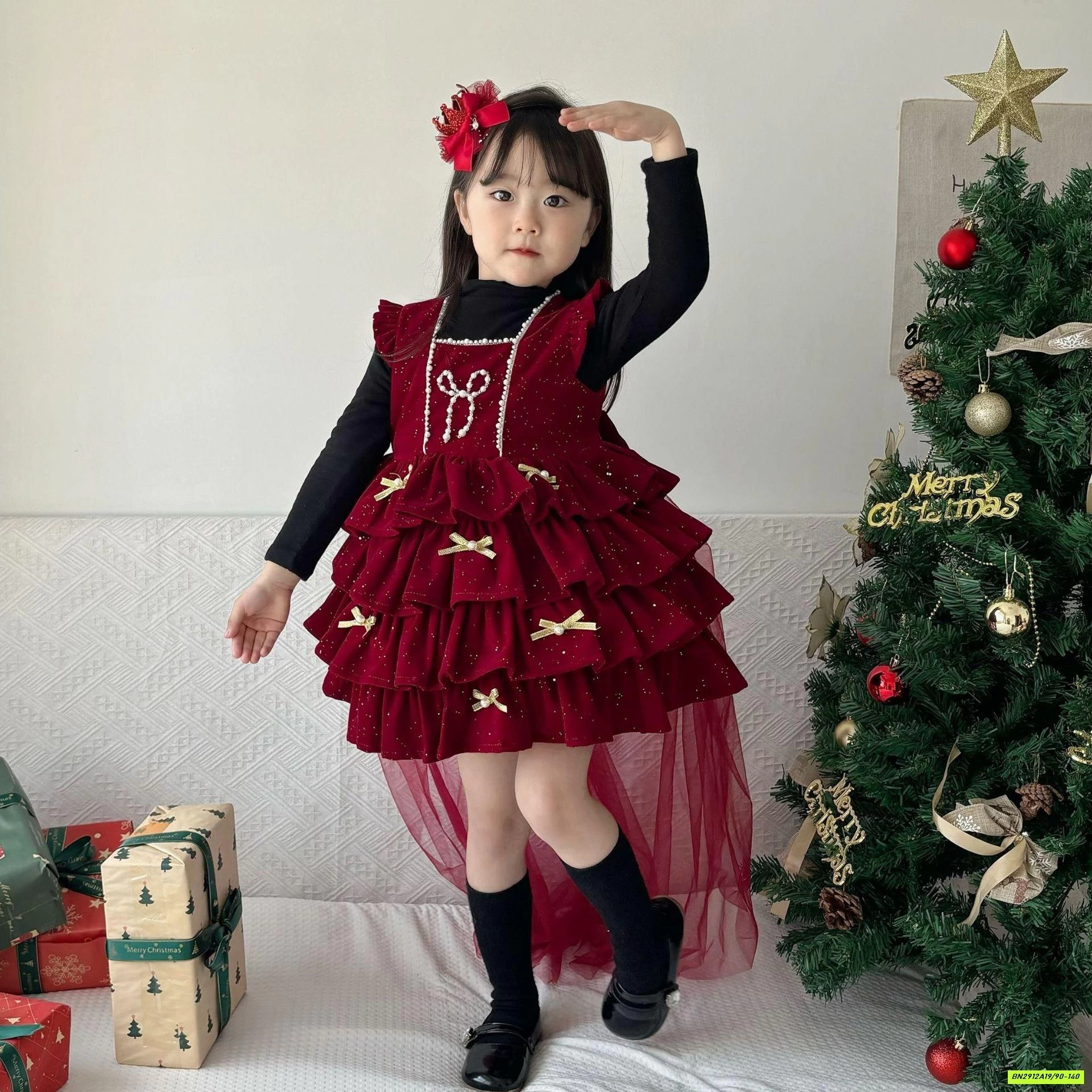 ĐẦM NHUNG ĐỎ XẾP TẦNG KÈM NƠ VOAN LÓT NHUNG