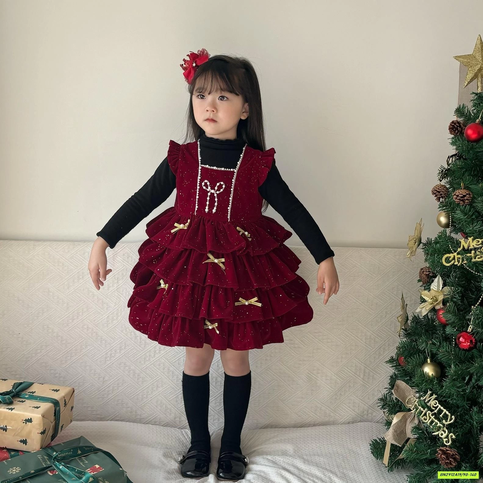 ĐẦM NHUNG ĐỎ XẾP TẦNG KÈM NƠ VOAN LÓT NHUNG