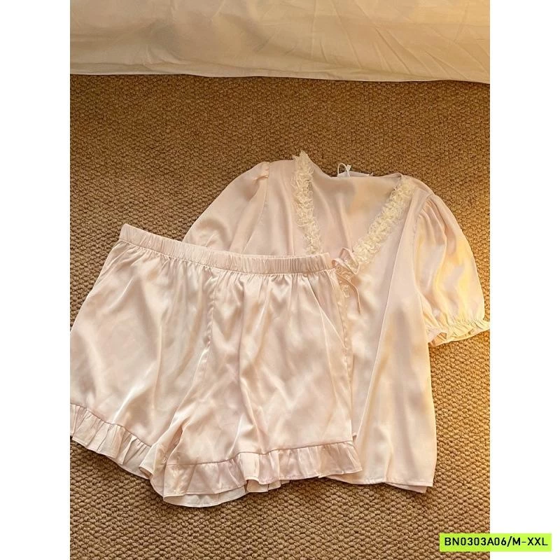 BỘ NGỦ LỤA HỒNG VIỀN REN