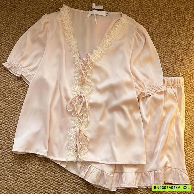 BỘ NGỦ LỤA HỒNG VIỀN REN