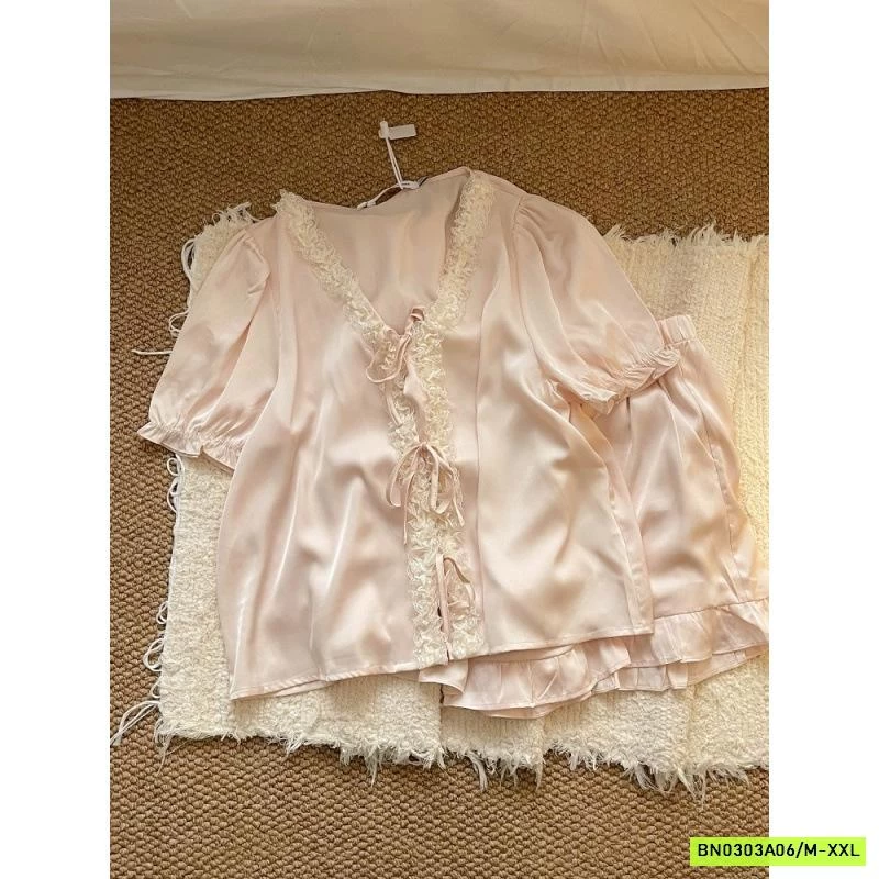 BỘ NGỦ LỤA HỒNG VIỀN REN