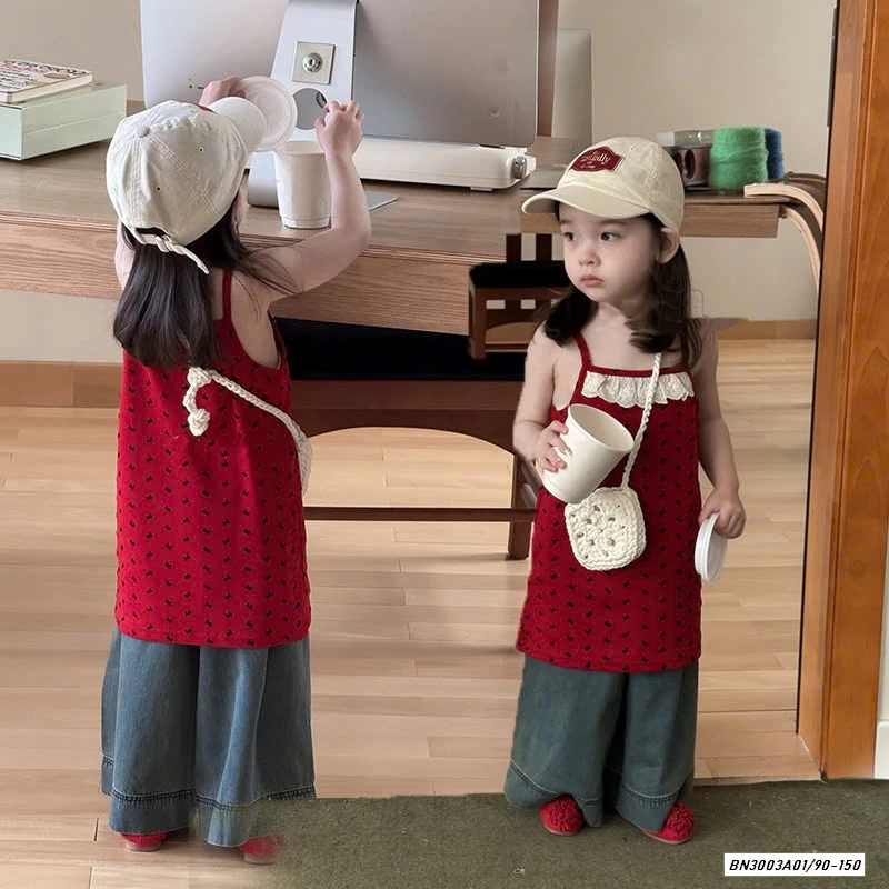 SÉT VÁY ĐỎ QUÀN JEANS SUÔNG