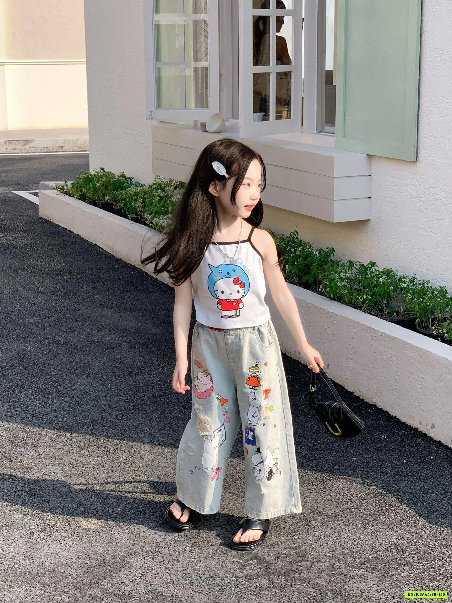 ÁO 2 DÂY KITTY MIX JEANS SUÔNG HỌA TIẾT