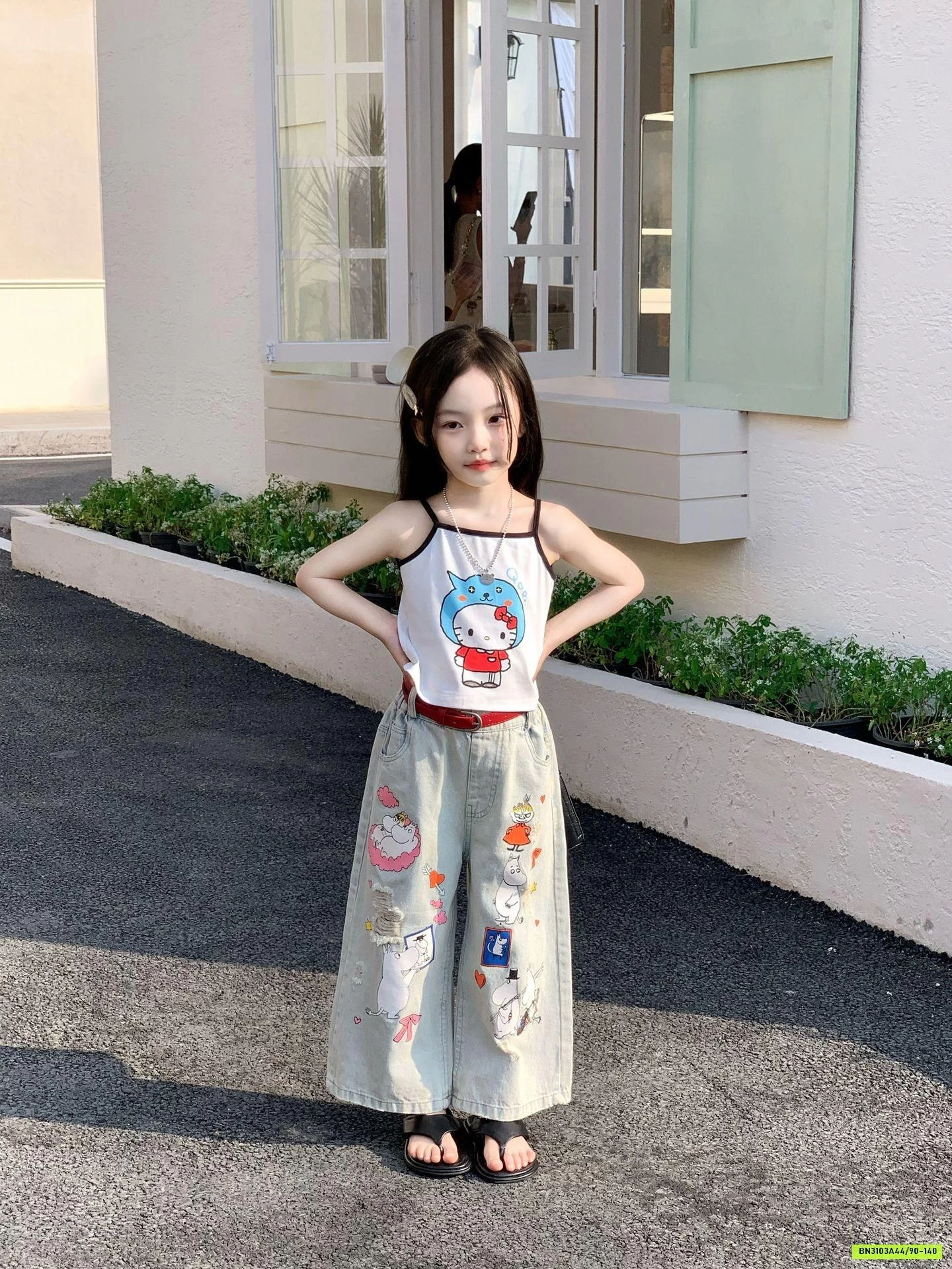 ÁO 2 DÂY KITTY MIX JEANS SUÔNG HỌA TIẾT