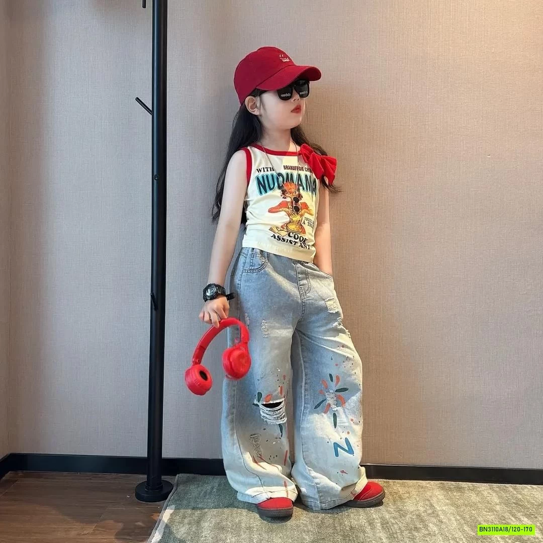 ÁO SÁT NÁCH MIX JEANS SUÔNG IN HÌNH