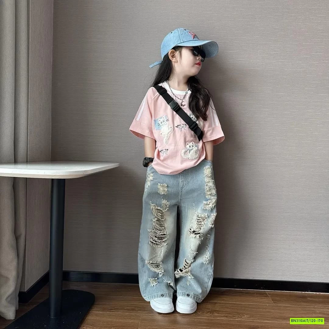 ÁO HỒNG MIX JEANS SUÔNG RÁCH