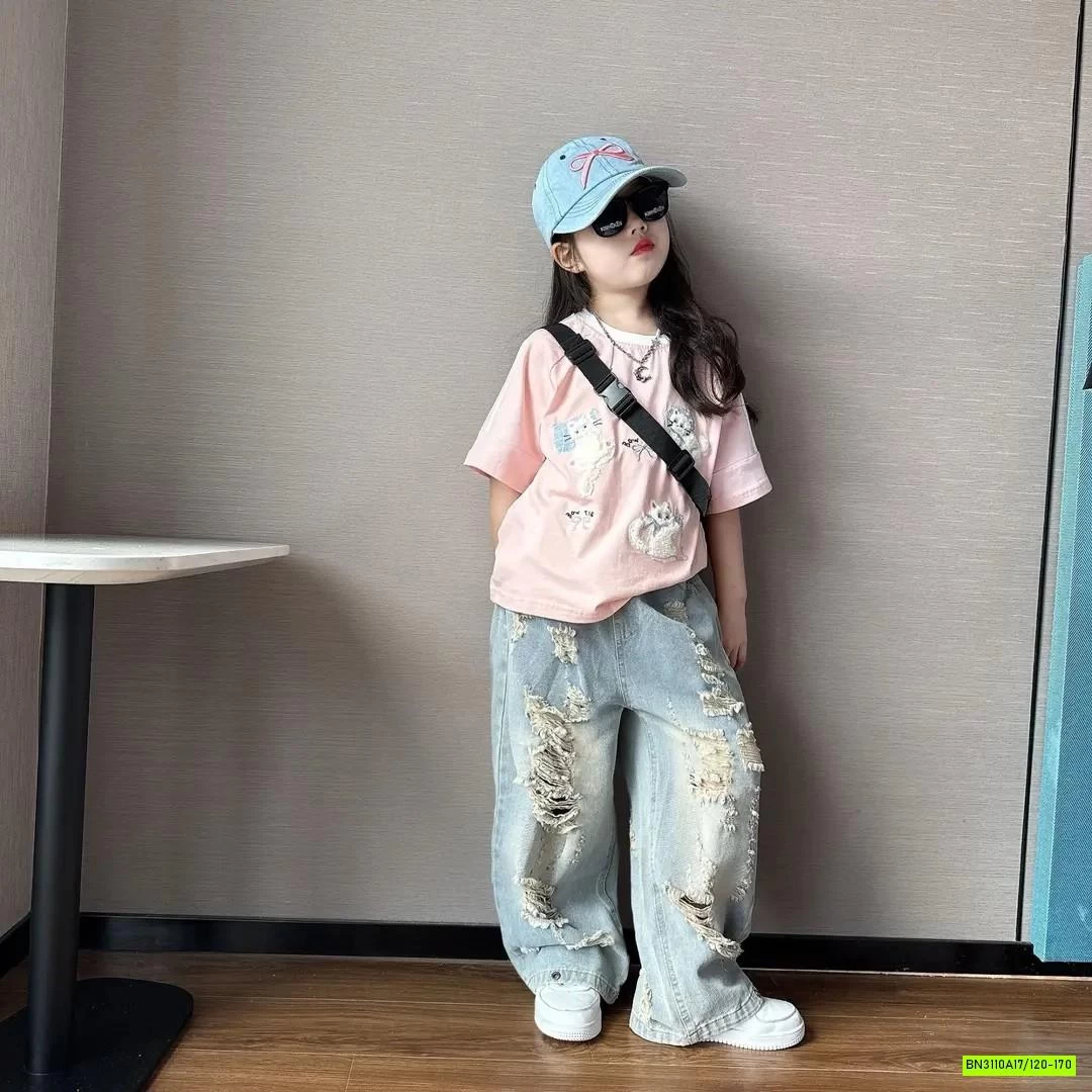 ÁO HỒNG MIX JEANS SUÔNG RÁCH