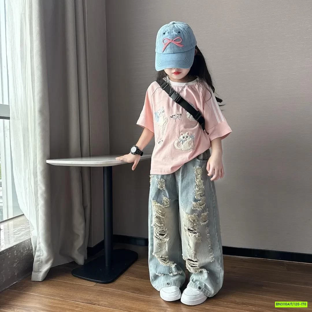 ÁO HỒNG MIX JEANS SUÔNG RÁCH