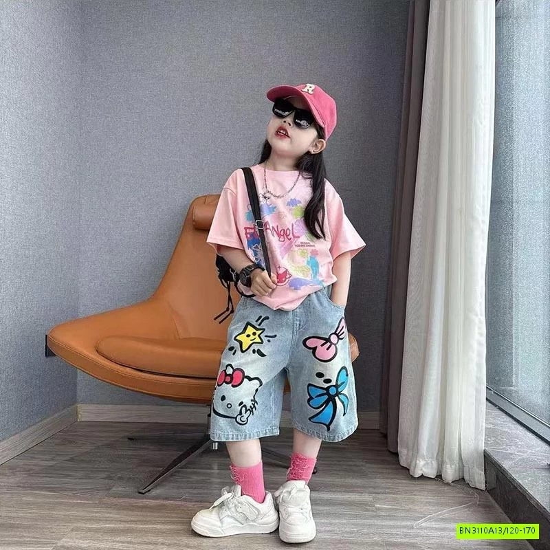 ÁO THUN HỒNG MIX SHORT JEANS KITTY