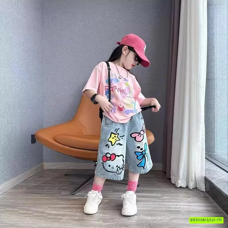 ÁO THUN HỒNG MIX SHORT JEANS KITTY