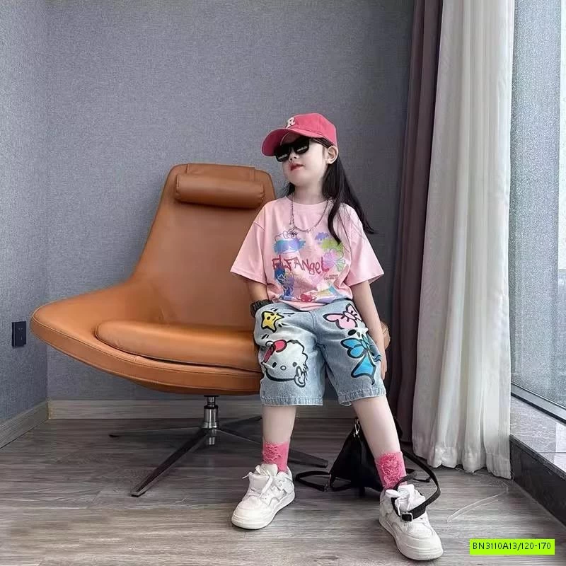 ÁO THUN HỒNG MIX SHORT JEANS KITTY