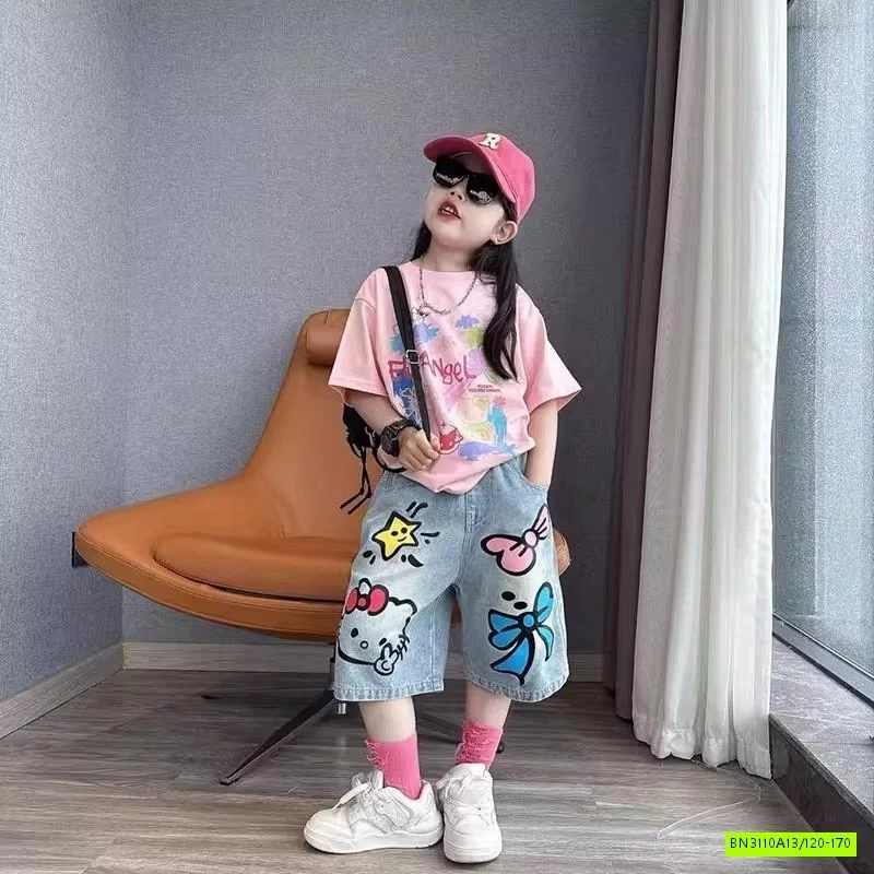 ÁO THUN HỒNG MIX SHORT JEANS KITTY