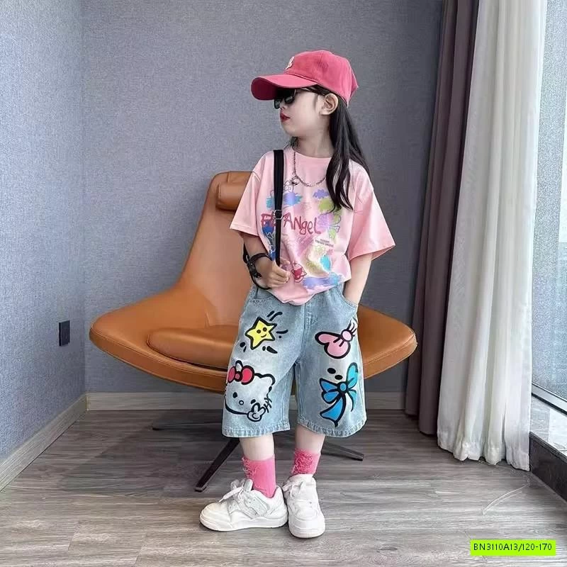 ÁO THUN HỒNG MIX SHORT JEANS KITTY