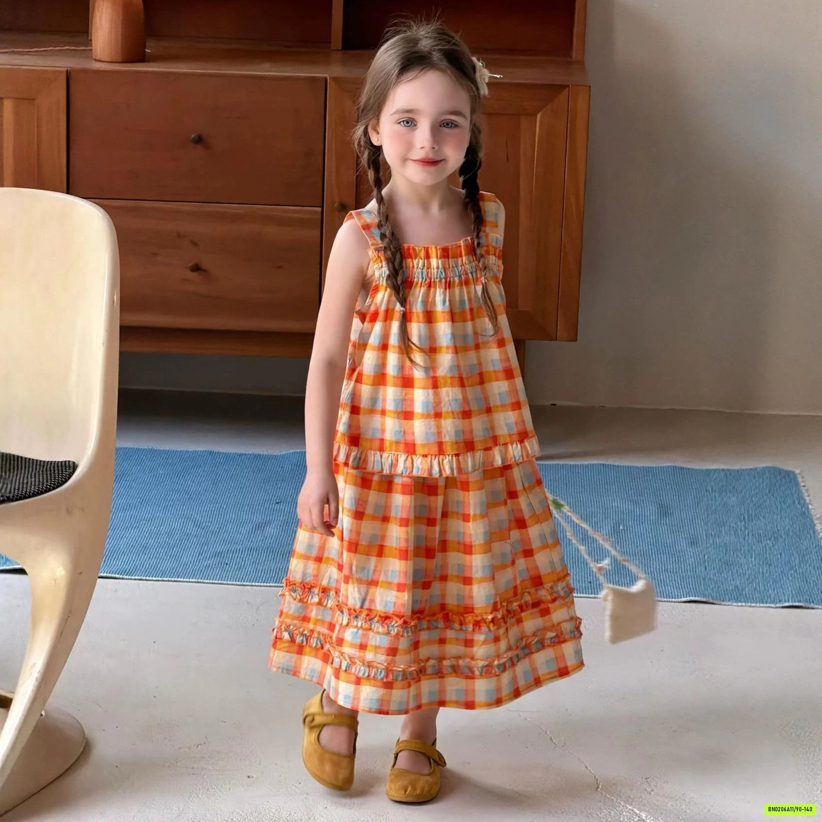 SÉT VÁY 2 DÂY CARO CAM VIỀN BÈO