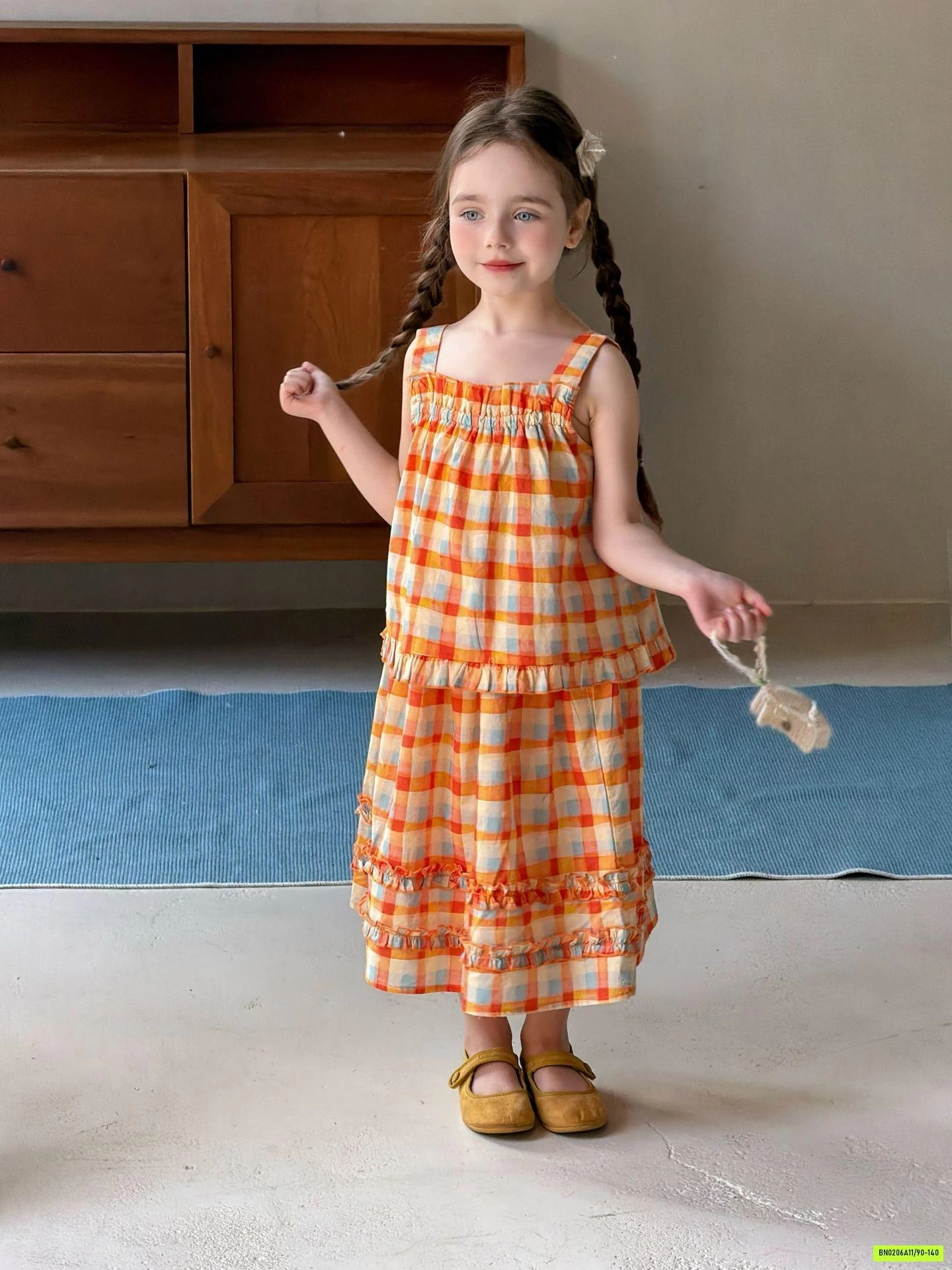 SÉT VÁY 2 DÂY CARO CAM VIỀN BÈO