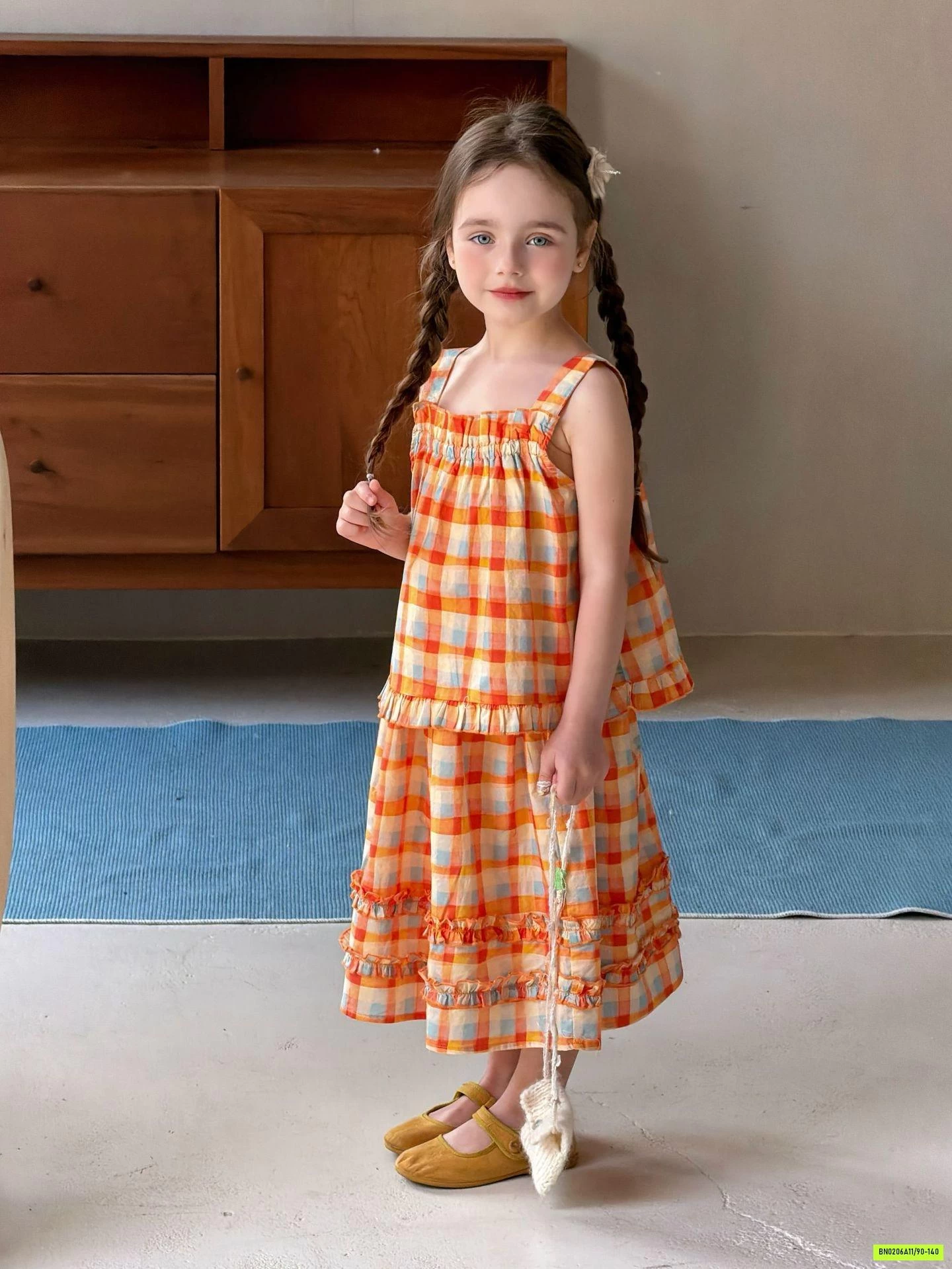 SÉT VÁY 2 DÂY CARO CAM VIỀN BÈO