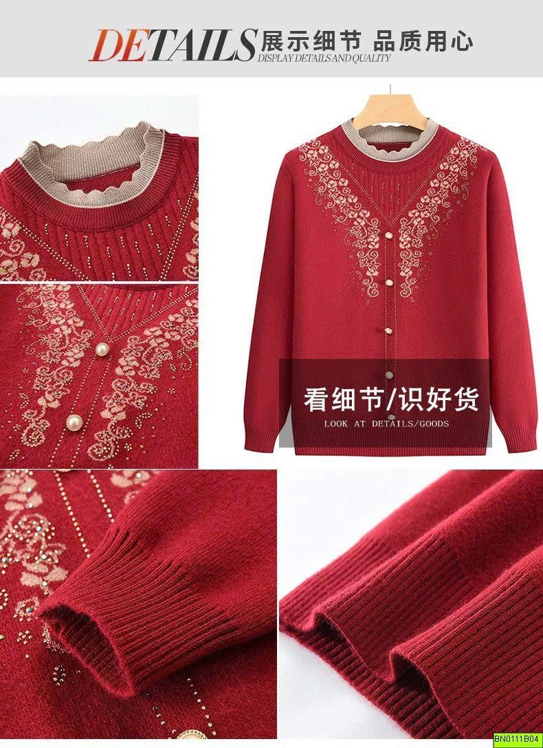 ÁO LEN THÊU HOA ĐÍNH CÚC NGỌC NỮ TRUNG NIÊN