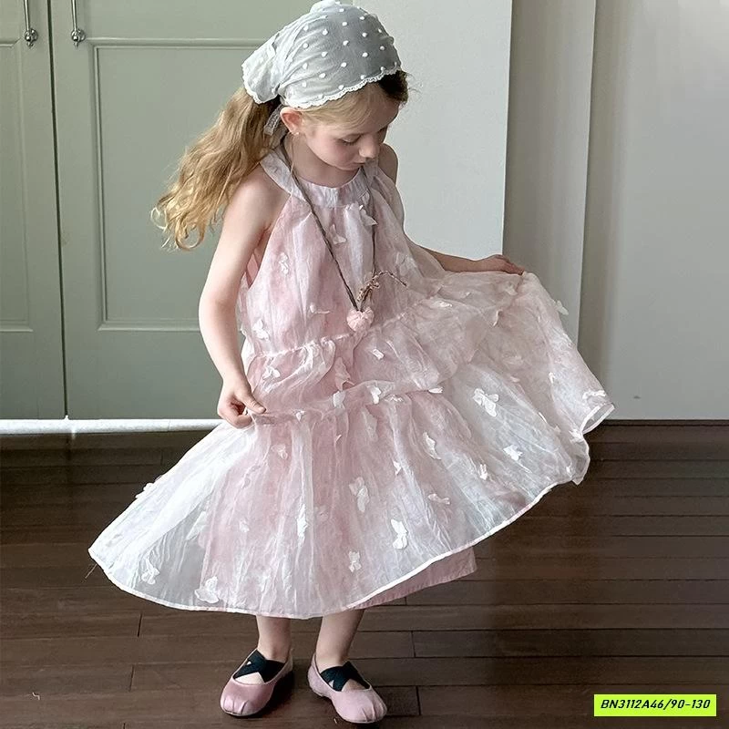 ĐẦM VOAN CỔ YẾM HỒNG GẮN BƯỚM AMUHOU