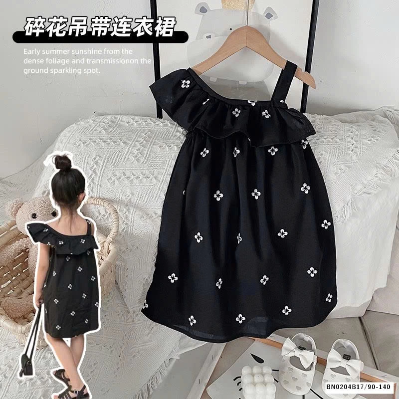 VÁY HOA LỆCH VAI CHO BÉ GÁI