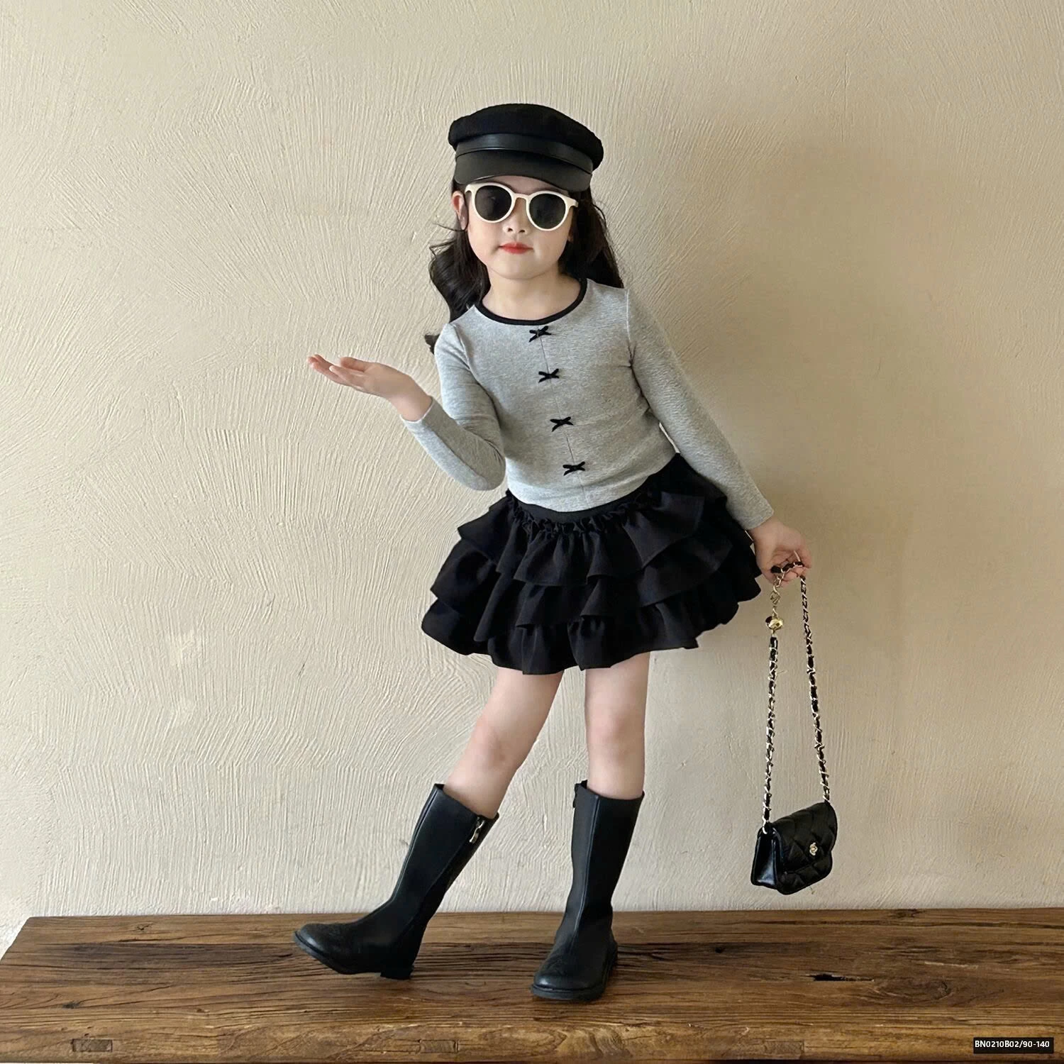 SÉT THUN XÁM MIX CHÂN VÁY TẦNG BÈO