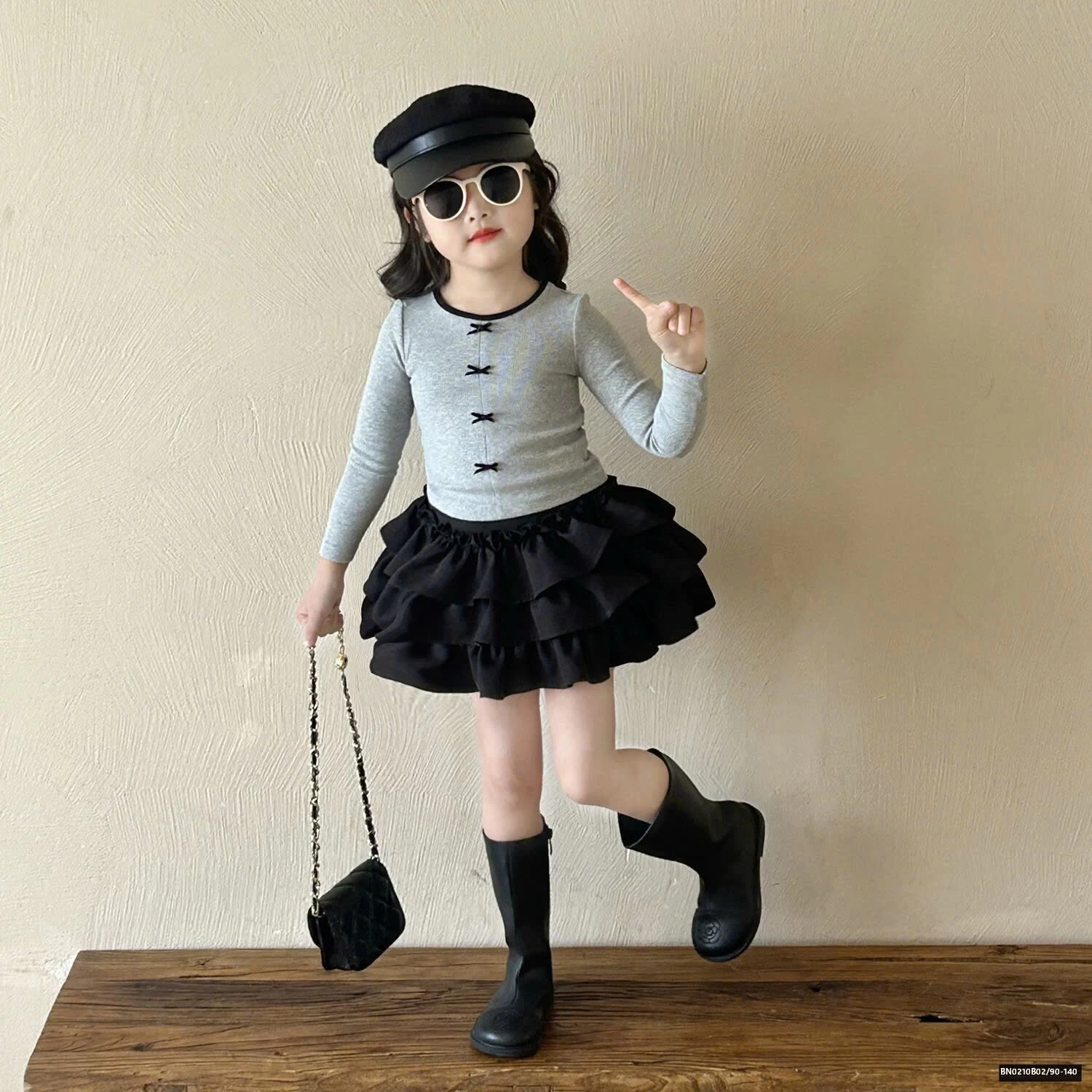 SÉT THUN XÁM MIX CHÂN VÁY TẦNG BÈO