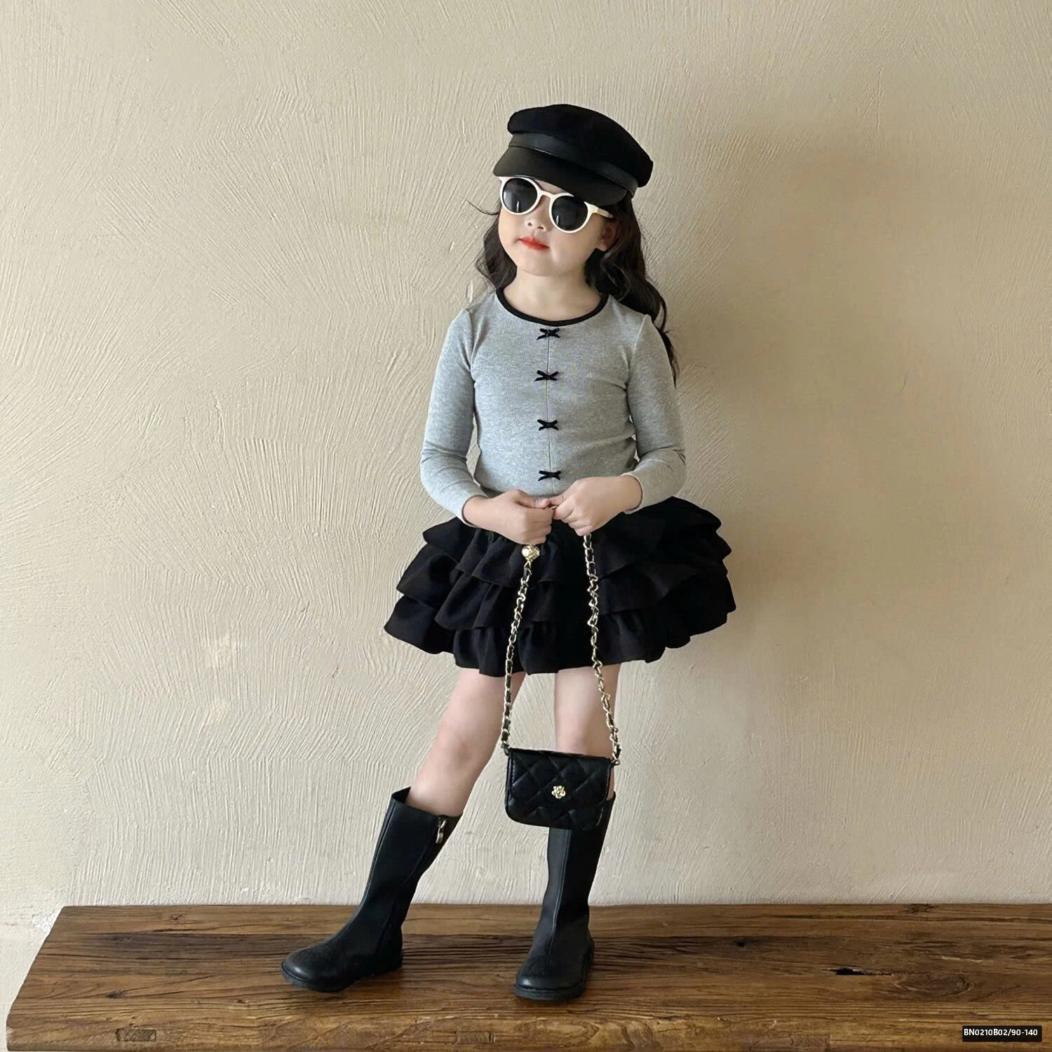 SÉT THUN XÁM MIX CHÂN VÁY TẦNG BÈO