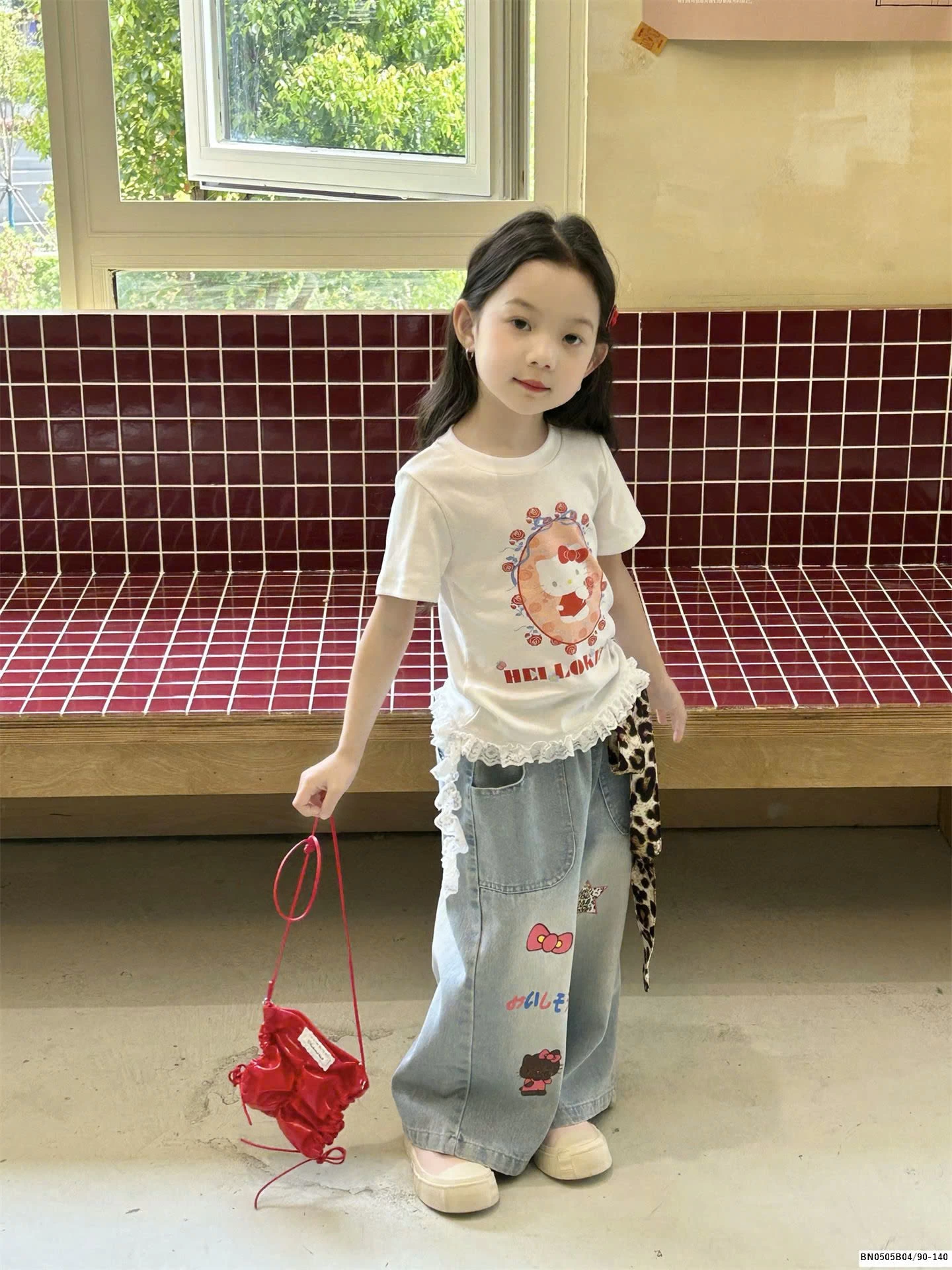 SÉT QUẦN JEAN SUÔNG IN HÌNH MIX ÁO THUN BÉ GÁI