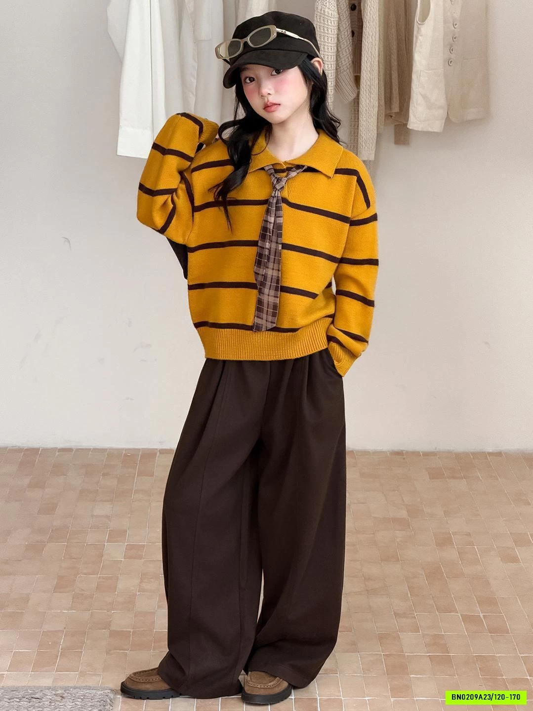 POLO LEN KẺ MIX BAGGY NỈ NÂU
