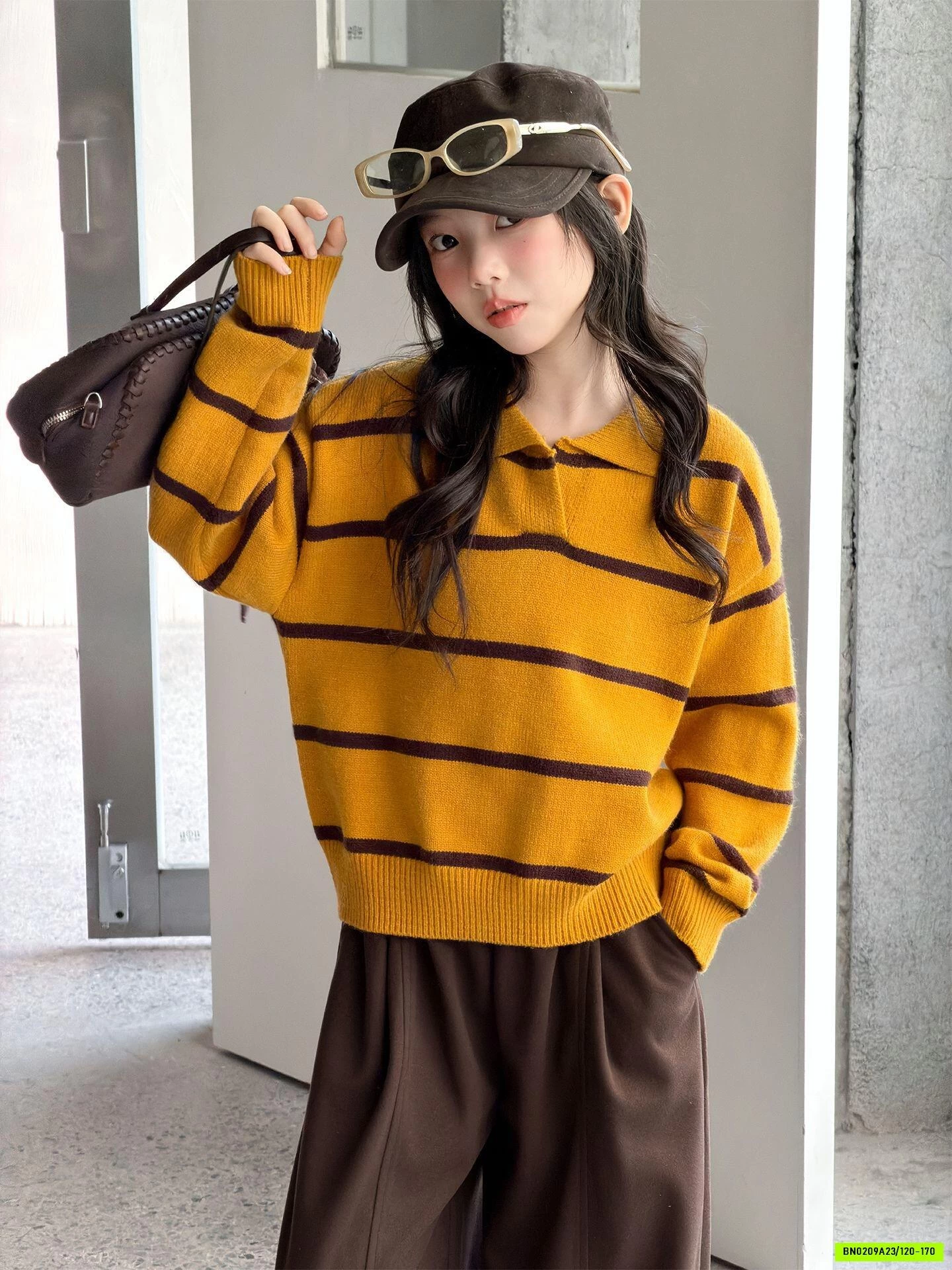 POLO LEN KẺ MIX BAGGY NỈ NÂU
