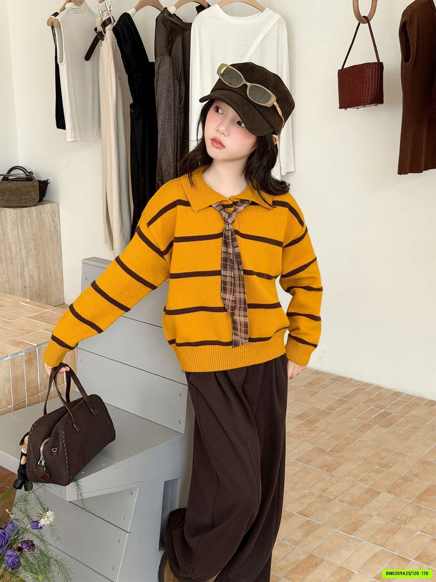 POLO LEN KẺ MIX BAGGY NỈ NÂU