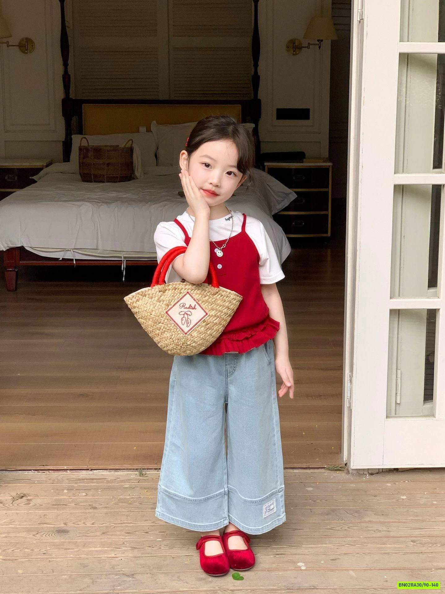 SÉT ÁO 2 DÂY ĐỎ MIX JEANS SUÔNG