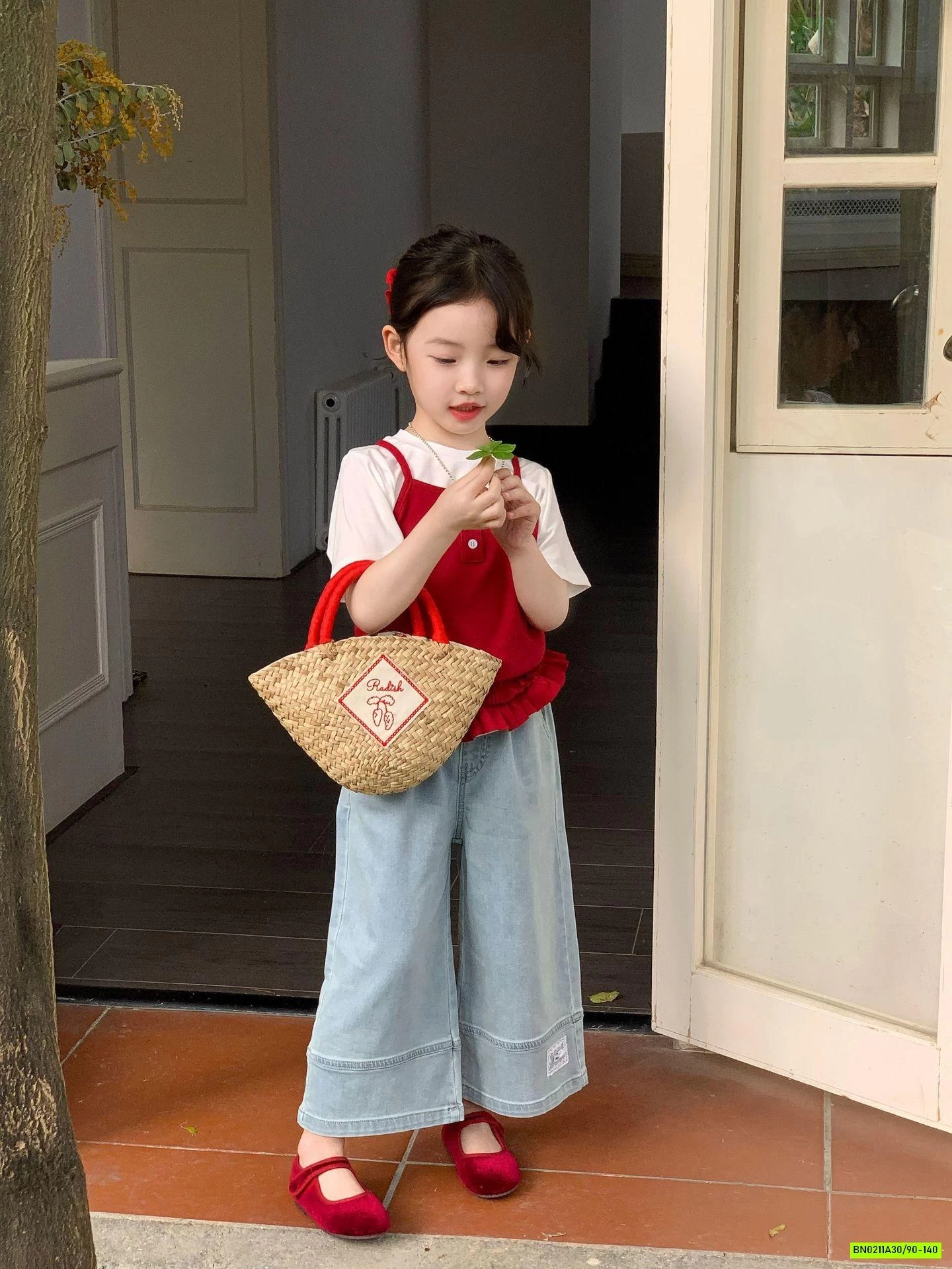 SÉT ÁO 2 DÂY ĐỎ MIX JEANS SUÔNG