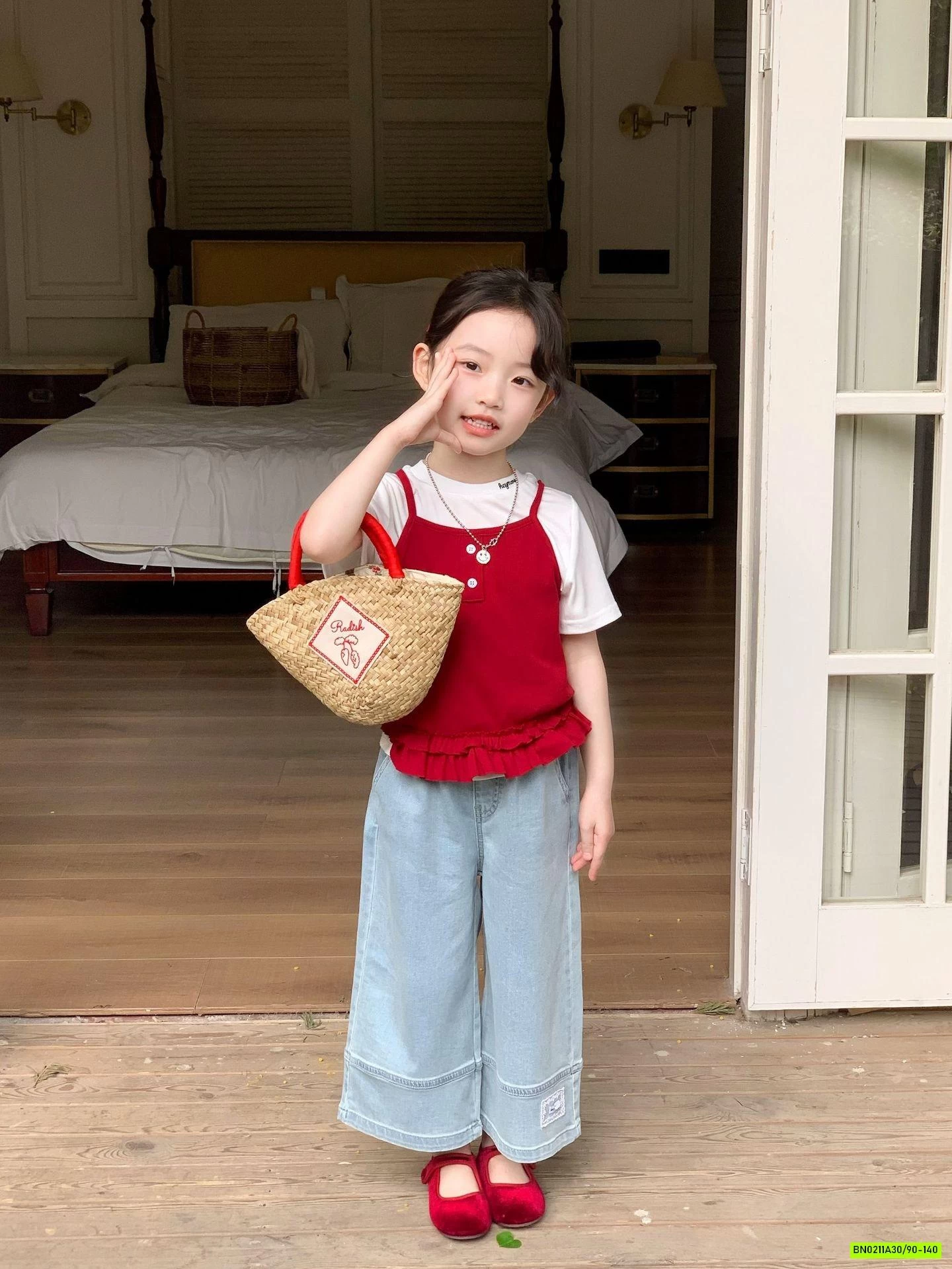 SÉT ÁO 2 DÂY ĐỎ MIX JEANS SUÔNG