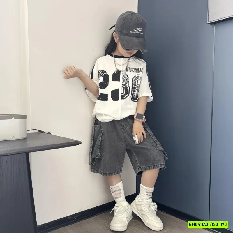 Áo sọc vai mix short jeans đen